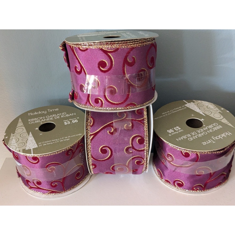 3 Rolls Holiday Time Christmas Ribbon‎ Garland Burgundy Gold Swirl Wired Ribbon